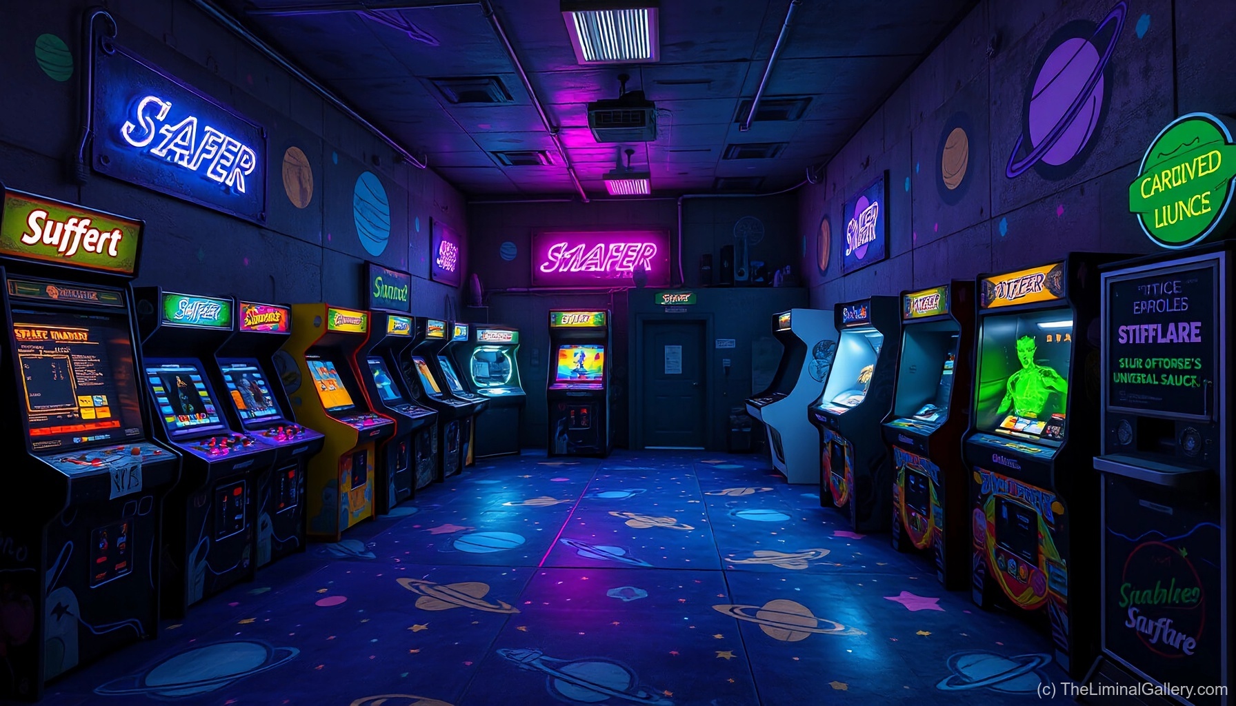 A retro arcade and dining space in Level 40, Roller Rockin' Pizza!, blending nostalgia with liminal eeriness.